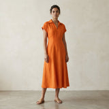 Orange Cotton Poplin Paneled A-Line Midi Dress