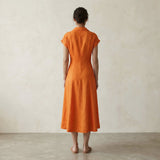 Orange Cotton Poplin Paneled A-Line Midi Dress