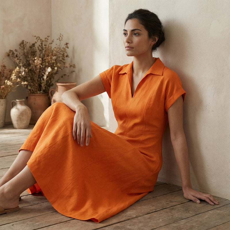 Orange Cotton Poplin Paneled A-Line Midi Dress 38