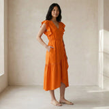 Orange Cotton Poplin Ruffle Midi Wrap Dress