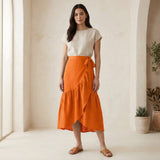 Orange Cotton Poplin Ruffle Midi Wrap Skirt