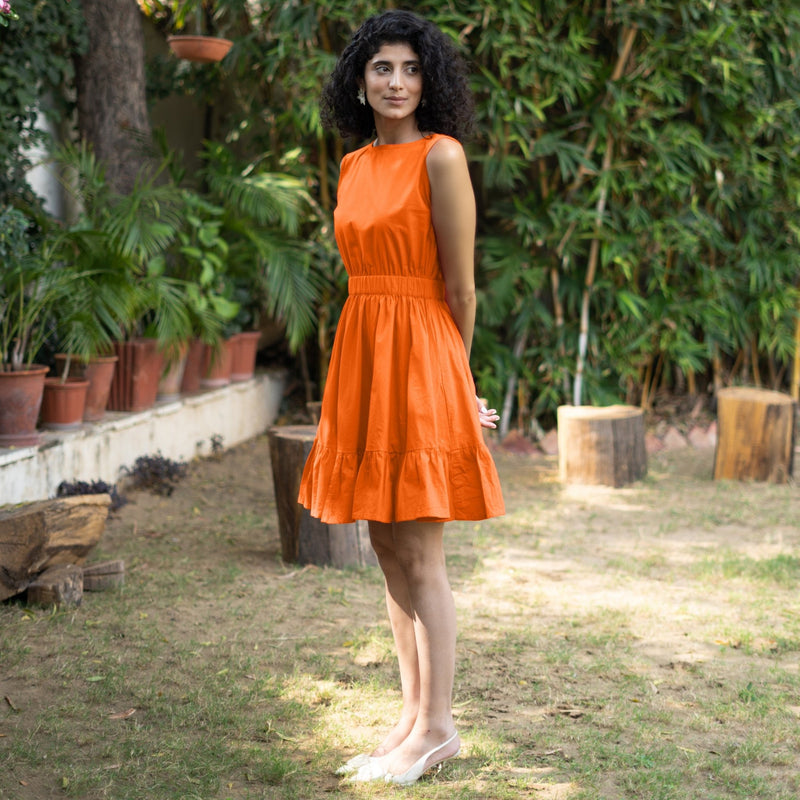 Orange Cotton Poplin Sleeveless Gathered Short Dress