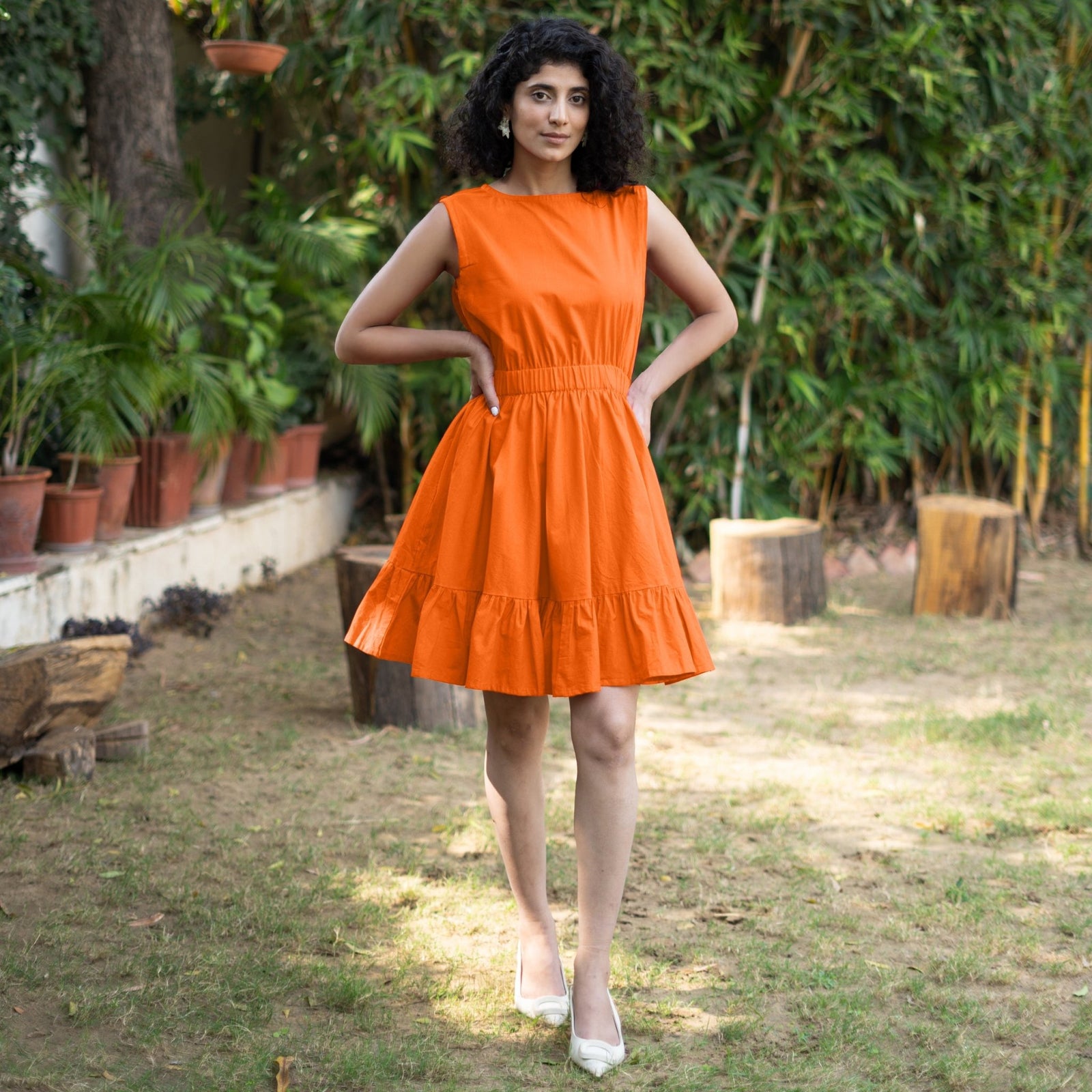 Buy Orange Cotton Poplin Sleeveless Gathered Short Dress Online at  SeamsFriendly