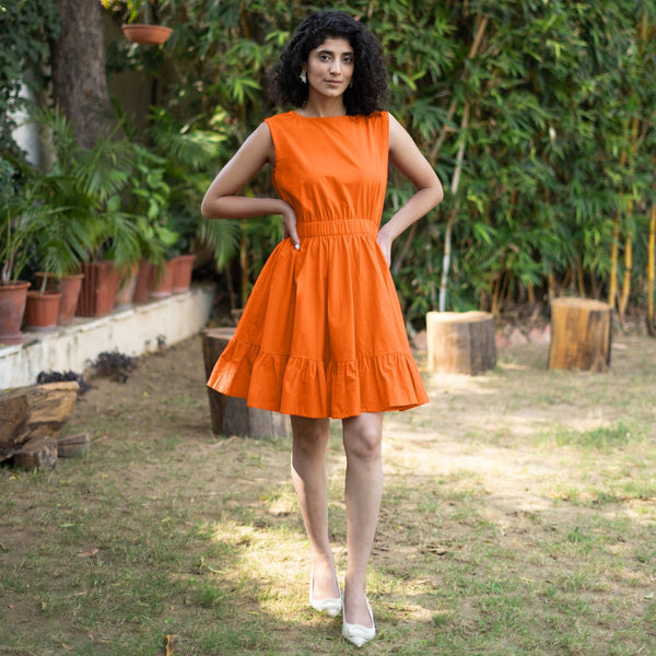 Orange Cotton Poplin Sleeveless Gathered Short Dress