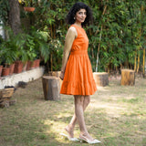 Orange Cotton Poplin Sleeveless Gathered Short Dress