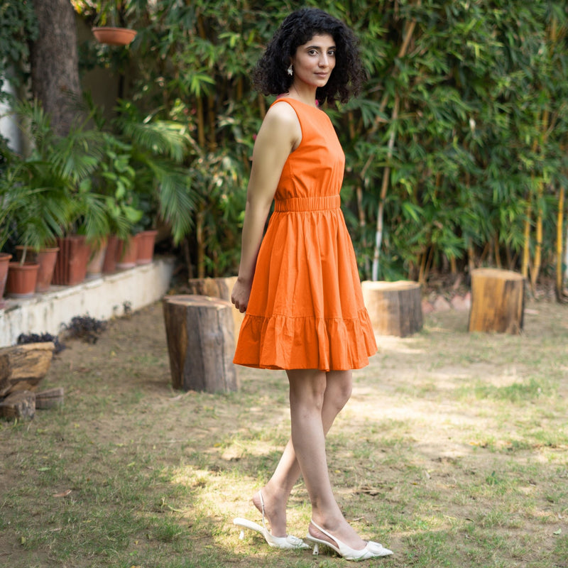 Orange Cotton Poplin Sleeveless Gathered Short Dress