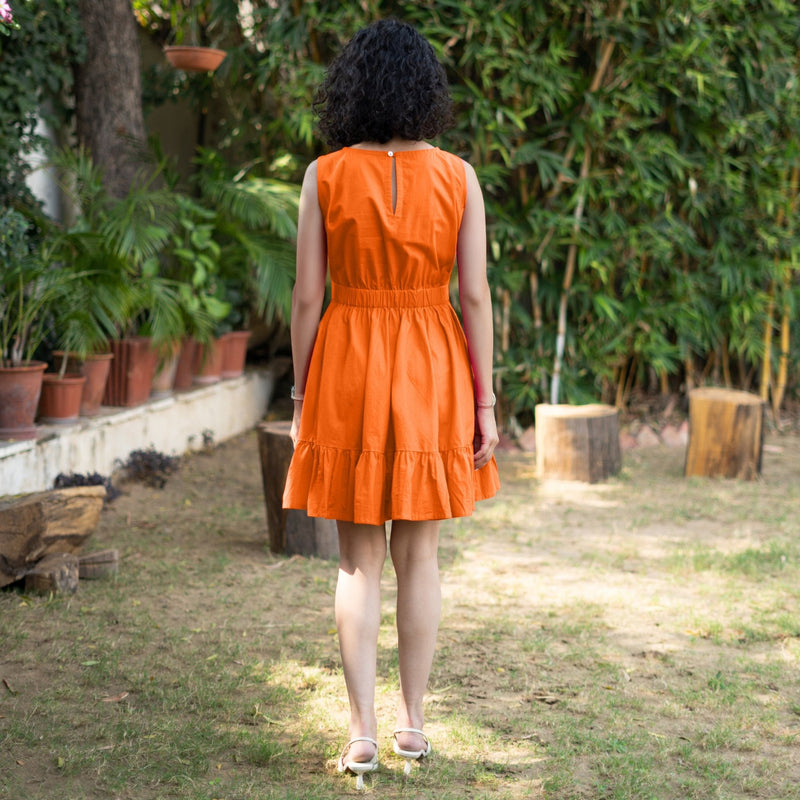 Orange Cotton Poplin Sleeveless Gathered Short Dress