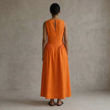 Orange Cotton Poplin Sleeveless Paneled Maxi Dress
