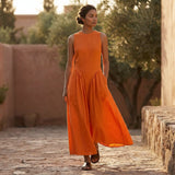 Orange Cotton Poplin Sleeveless Paneled Maxi Dress