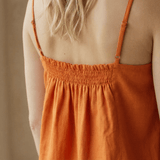 Orange Cotton Poplin Spaghetti Strap Top with Elastic Gathered Back