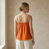 Orange Cotton Poplin Spaghetti Strap Top with Elastic Gathered Back