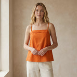 Orange Cotton Poplin Spaghetti Strap Top with Elastic Gathered Back