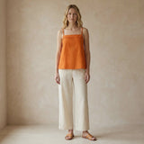 Orange Cotton Poplin Spaghetti Strap Top with Elastic Gathered Back