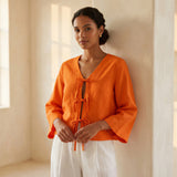 Orange Cotton Poplin Tie-Front Blouse