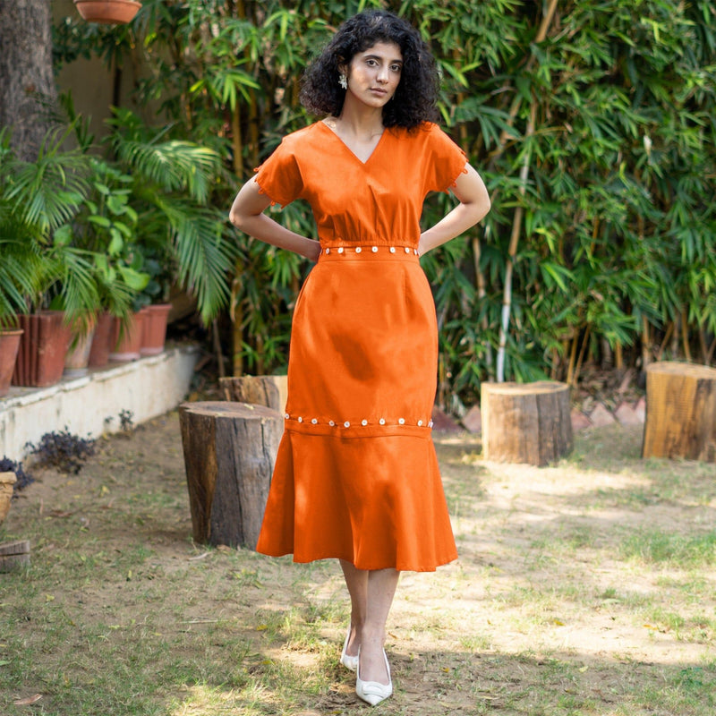 Orange Cotton Poplin V-Neck Infinity Midi Dress