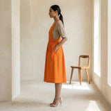 Orange Cotton Poplin V-Neck Pinafore Midi Wrap Dress