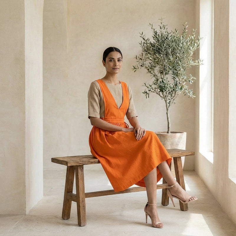 Buy Orange Cotton Poplin V-Neck Pinafore Midi Wrap Dress Online at  SeamsFriendly