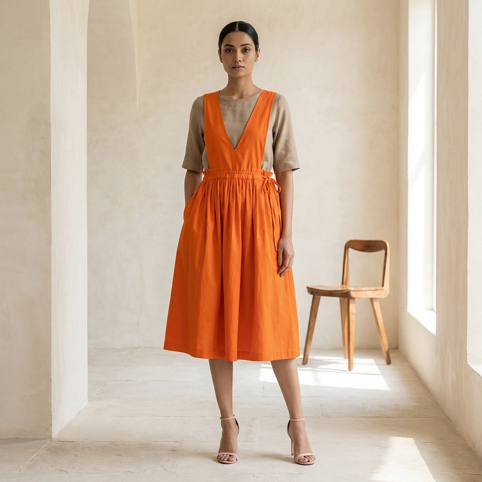 v neck orange dress Cotton Poplin V-Neck Pinafore Midi Wrap 26