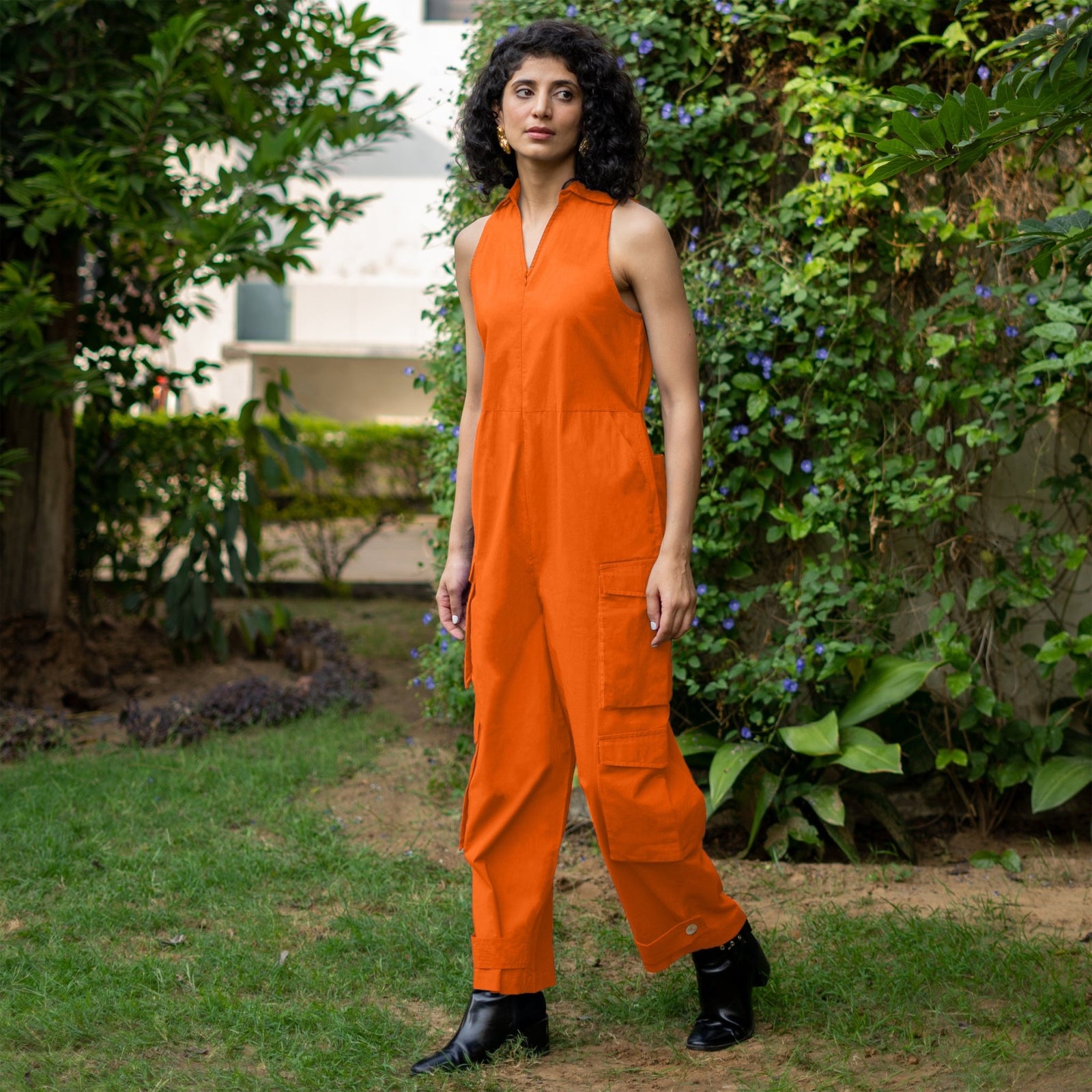 Buy Orange Cotton Poplin V Neck Sleeveless Cargo Jumpsuit Online at SeamsFriendly