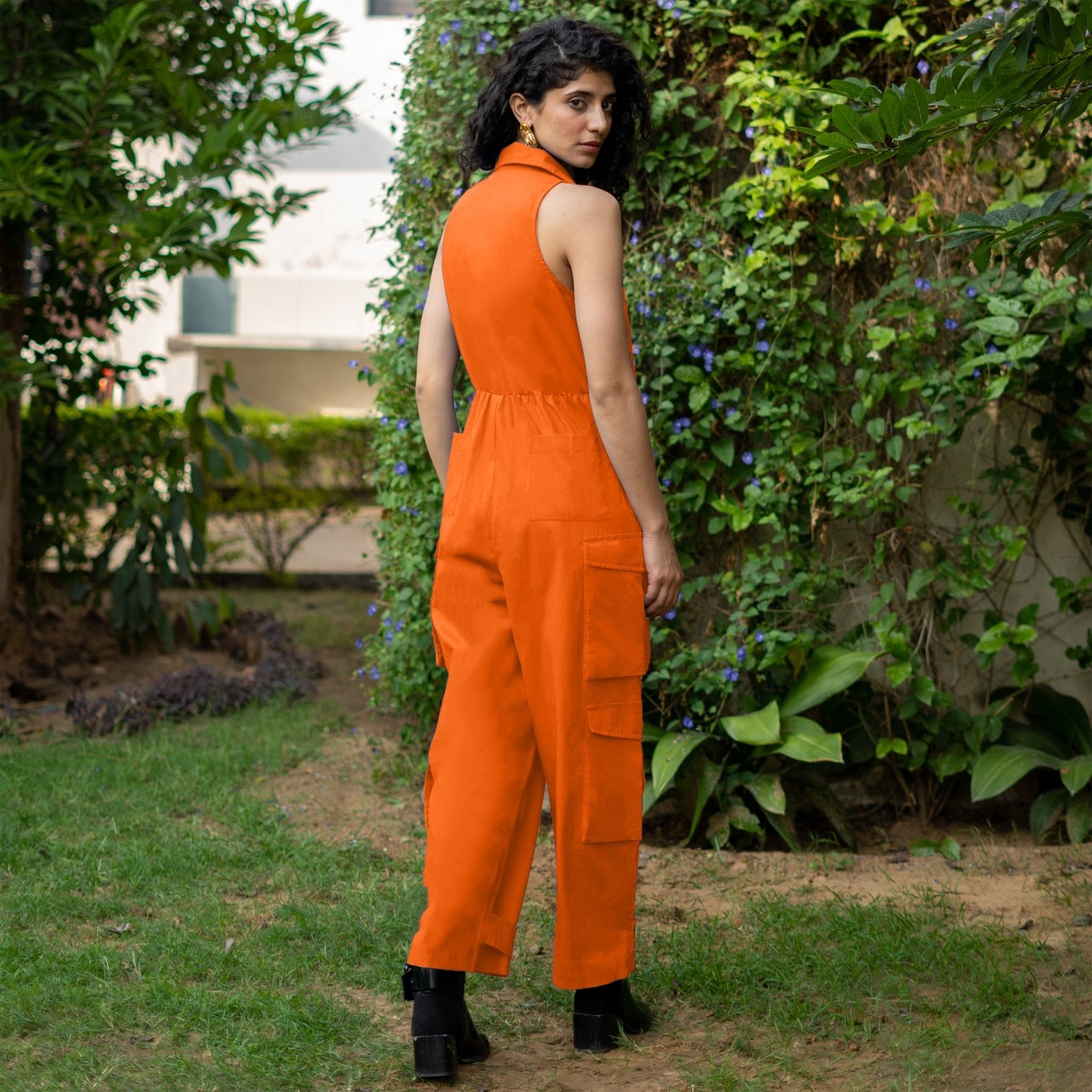 Buy Orange Cotton Poplin V-Neck Sleeveless Cargo Jumpsuit Online
