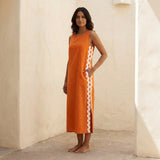 Orange Cotton Poplin Wavy Stripe Maxi Shift Dress