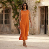 Orange Cotton Poplin Wavy Stripe Maxi Shift Dress