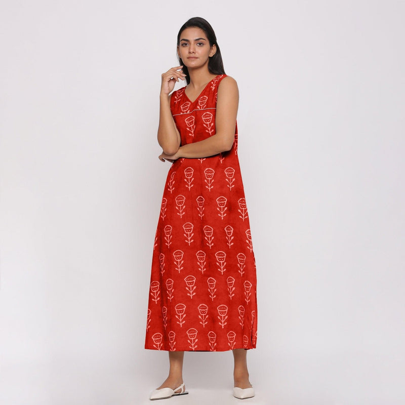 Front View of a Model Wearing Orange Dabu Block Print 100% Cotton Maxi Dress