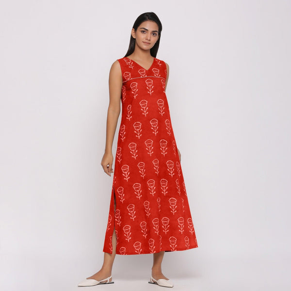 Front View of a Model Wearing Orange Dabu Block Print 100% Cotton Maxi Dress