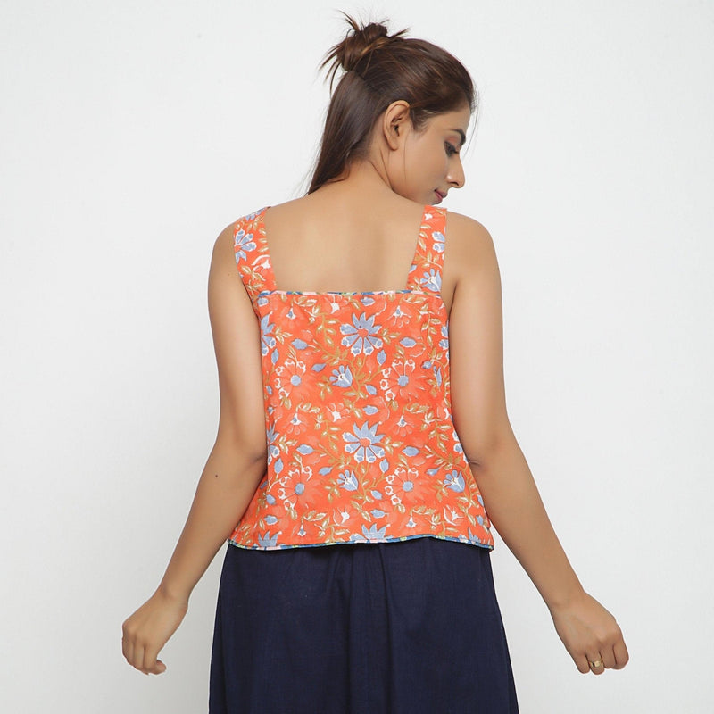 Back View of a Model wearing Floral Block Printed Straight Top