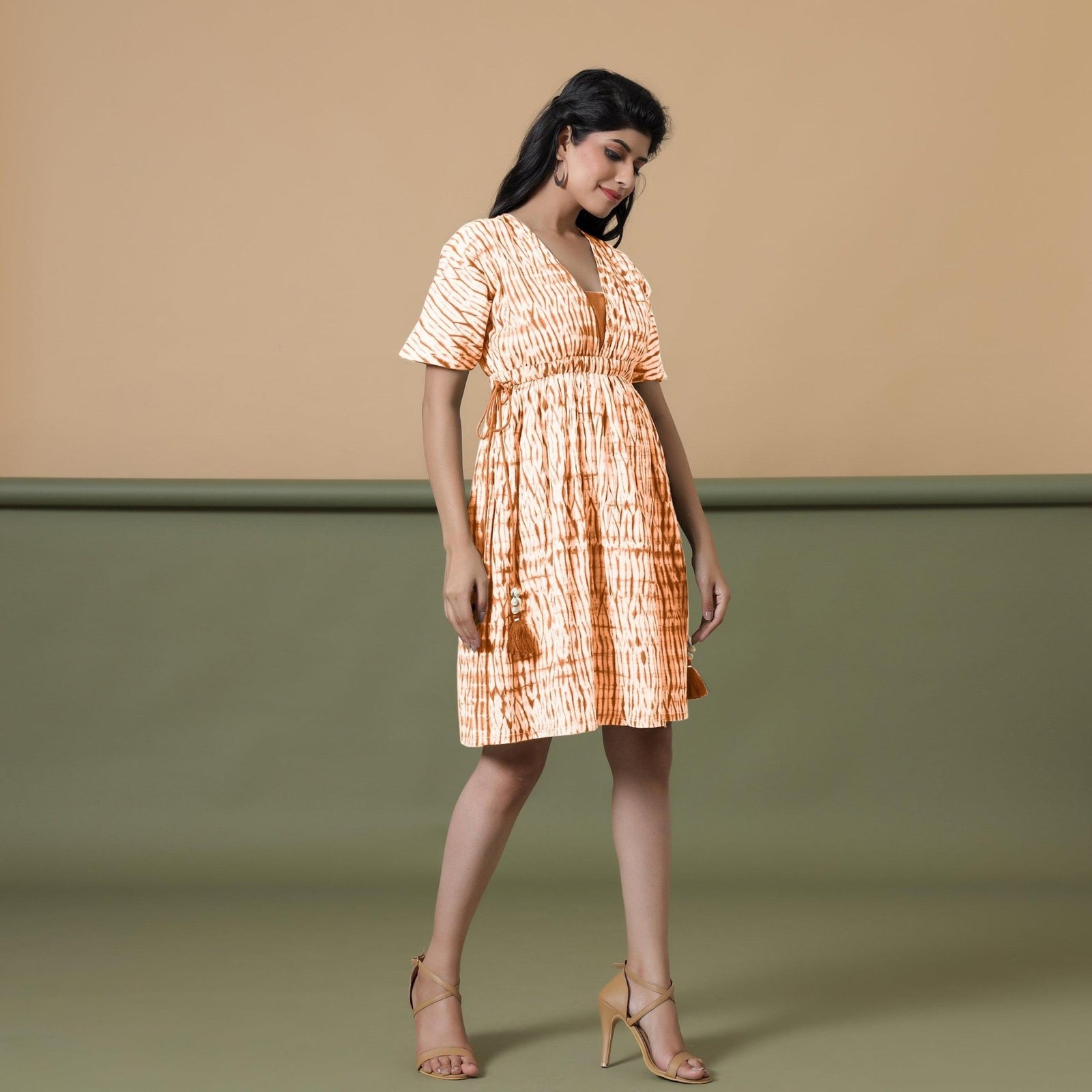 Orange Green Tie-Dye Cotton Knee Length Fit and Flare Dress 28