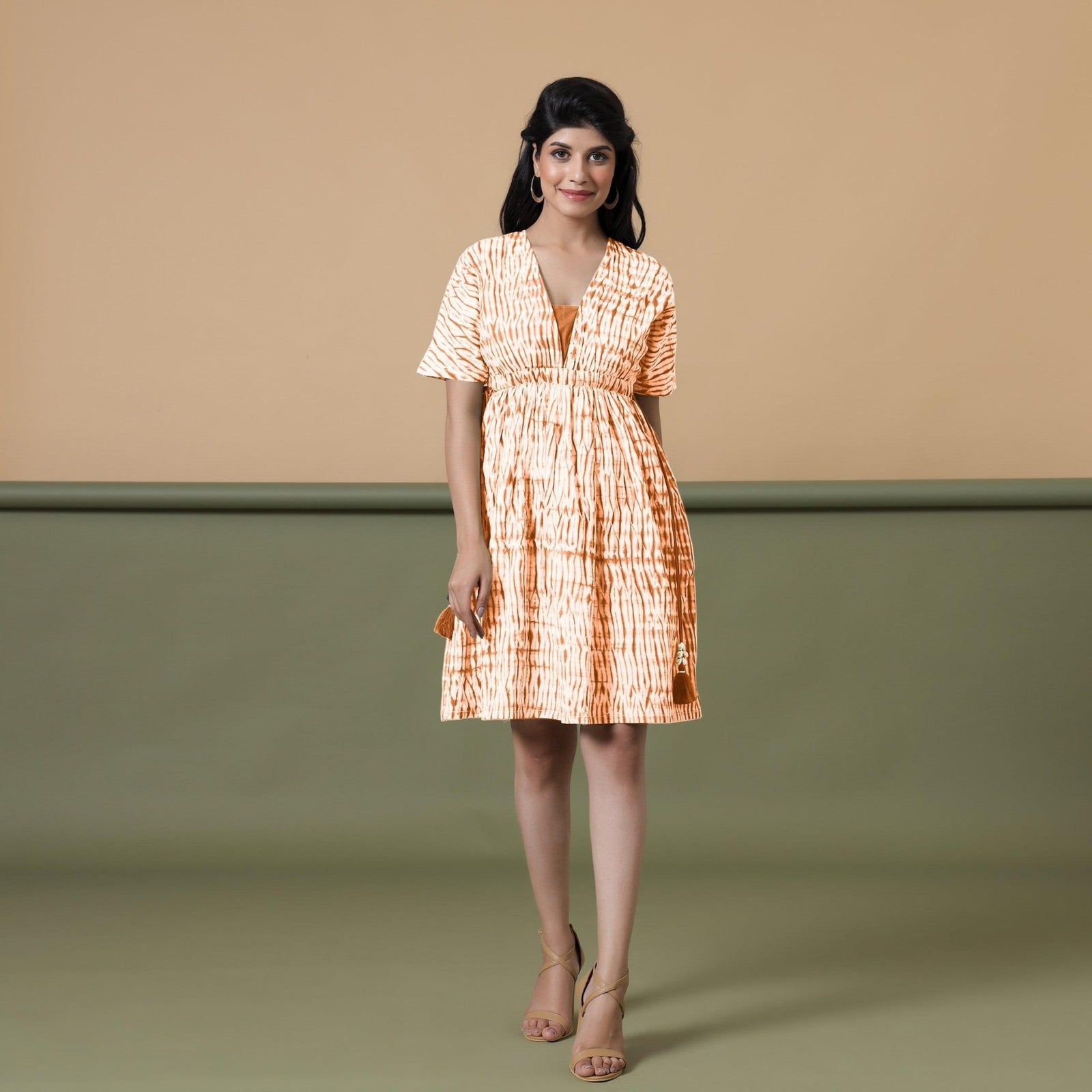 Orange Green Tie-Dye Cotton Knee Length Fit and Flare Dress 48" / Tall (5'7" and above)