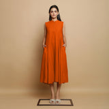 Orange Hand-Embroidered Cotton Poplin Sleeveless Midi Dress
