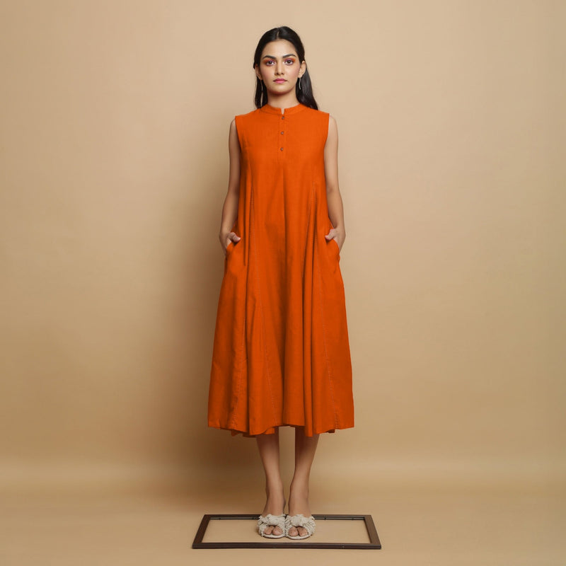 Orange Hand-Embroidered Cotton Poplin Sleeveless Midi Dress