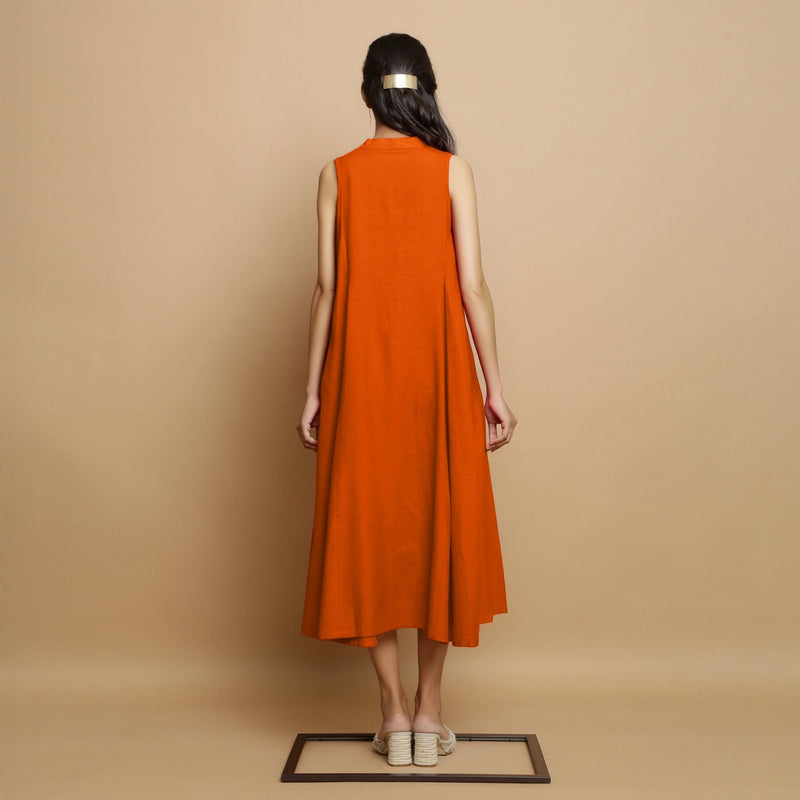 Orange Hand-Embroidered Cotton Poplin Sleeveless Midi Dress