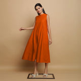 Orange Hand-Embroidered Cotton Poplin Sleeveless Midi Dress