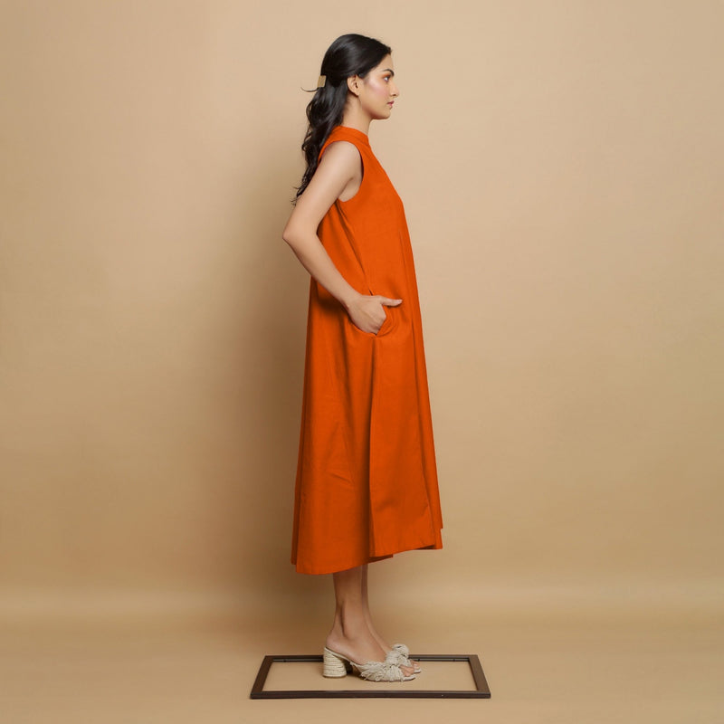 Orange Hand-Embroidered Cotton Poplin Sleeveless Midi Dress