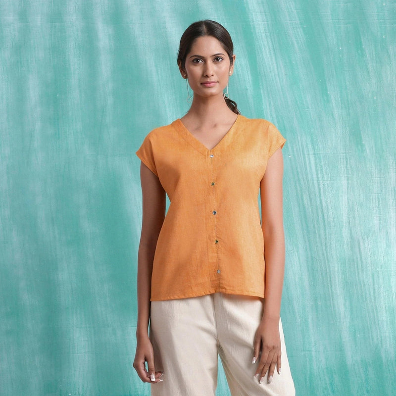 Orange Hand Mirror Work Drop Shoulder Top