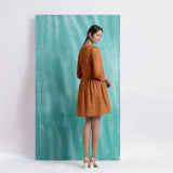 Orange Handspun Cotton V-Neck Gathered Short Dress