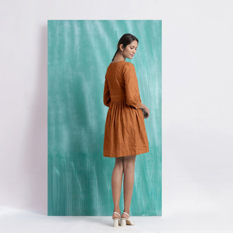 Orange Handspun Cotton V-Neck Gathered Short Dress
