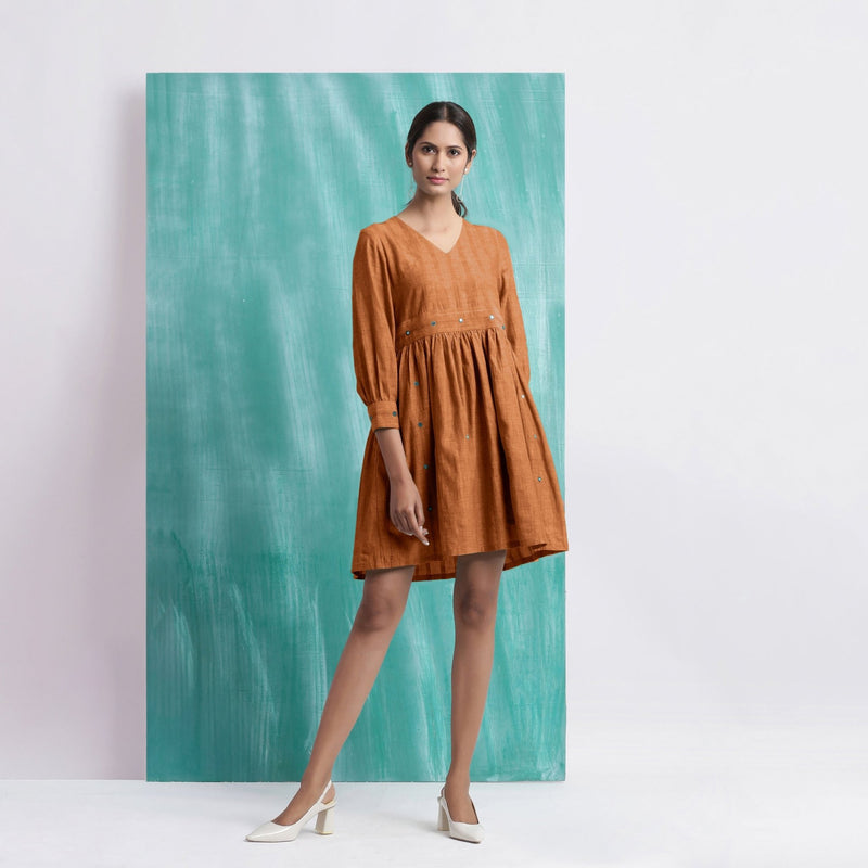 Orange Handspun Cotton V-Neck Gathered Short Dress