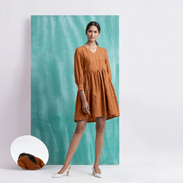 Orange Handspun Cotton V-Neck Gathered Short Dress