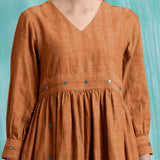 Orange Handspun Cotton V-Neck Gathered Short Dress