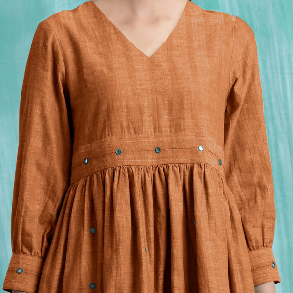 Orange Handspun Cotton V-Neck Gathered Short Dress