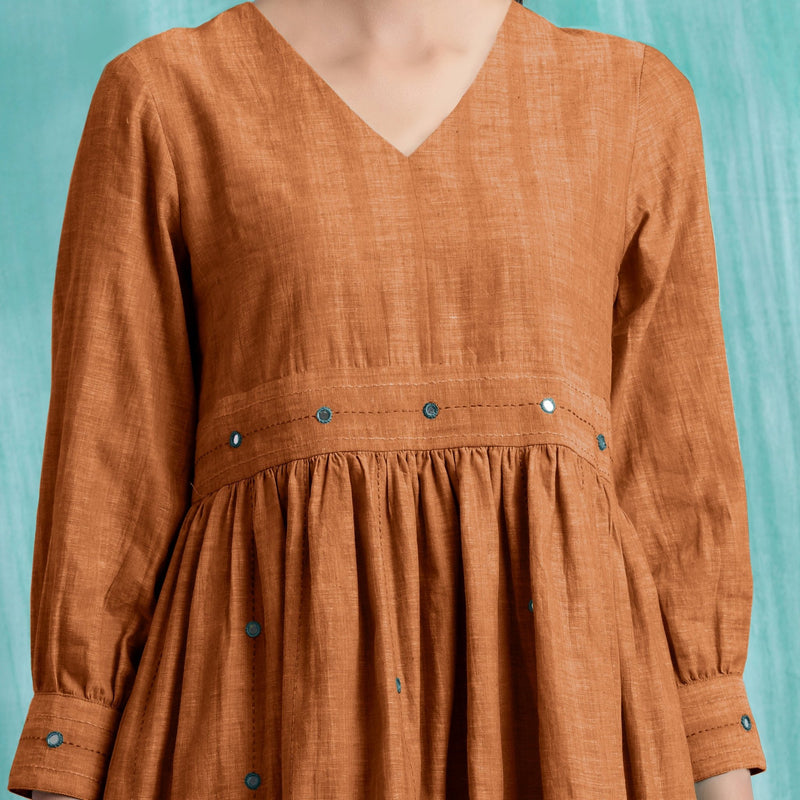Orange Handspun Cotton V-Neck Gathered Short Dress