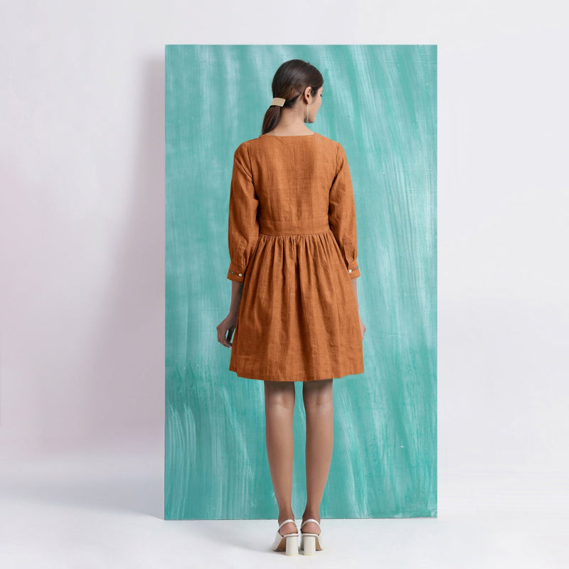 Orange Handspun Cotton V-Neck Gathered Short Dress