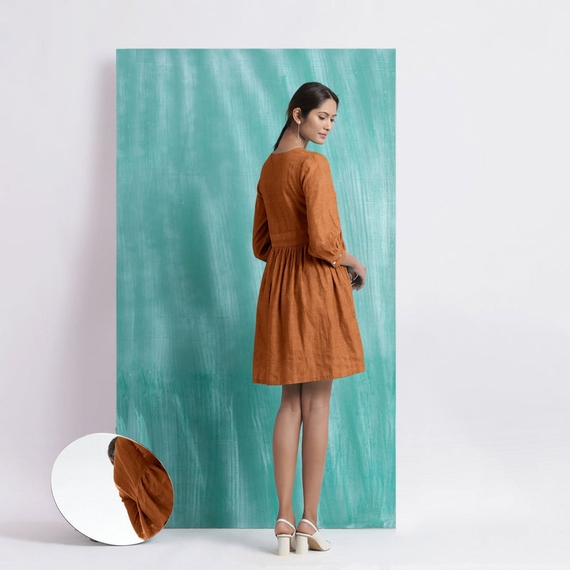 Orange Handspun Cotton V-Neck Gathered Short Dress