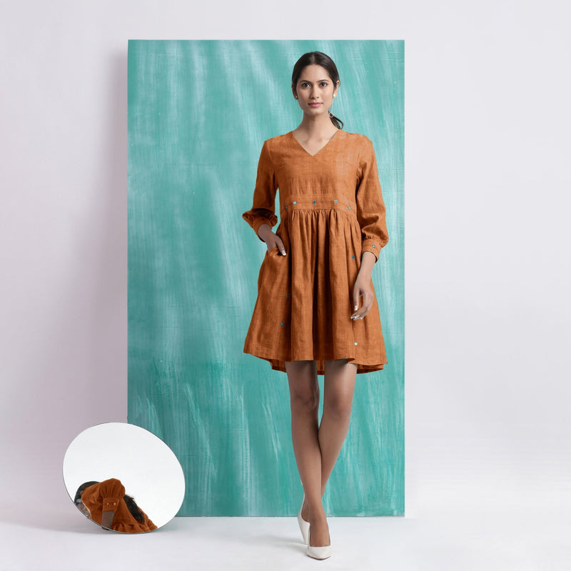 Orange Handspun Cotton V-Neck Gathered Short Dress