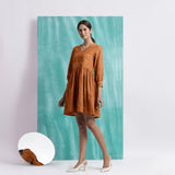 Orange Handspun Cotton V-Neck Gathered Short Dress