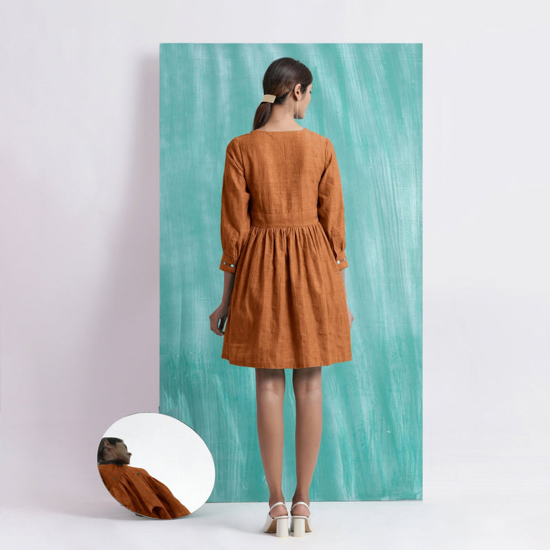 Orange Handspun Cotton V-Neck Gathered Short Dress