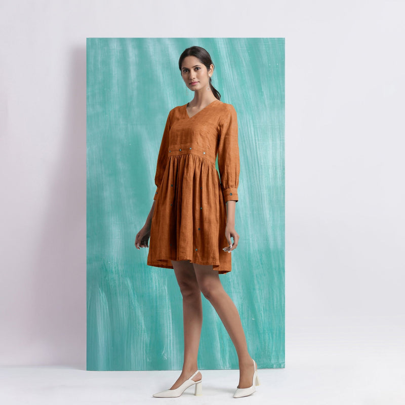 Orange Handspun Cotton V-Neck Gathered Short Dress